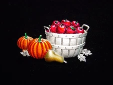 "JJ" Jonette Jewelry Silver Pewter 'Basket of Apples with Pumpkins' Pin