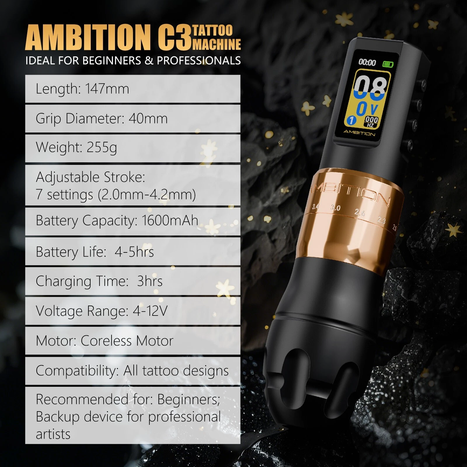 Ambition C3 Professional Wireless Tattoo Machine 7 Adjustable Stroke 2.0-4.2mm - product detail image 2