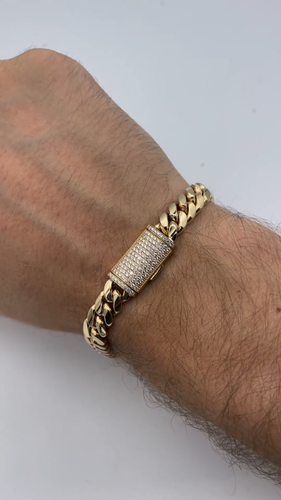 VVS Moissanite Men's 10mm x 8" Cuban Link Bracelet 14k Yellow Gold Plated Silver - Video 1 of 1