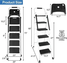 5 Step Portable Folding Step Stool Ladder w/Handrail & Tool Tray Platform 330lbs