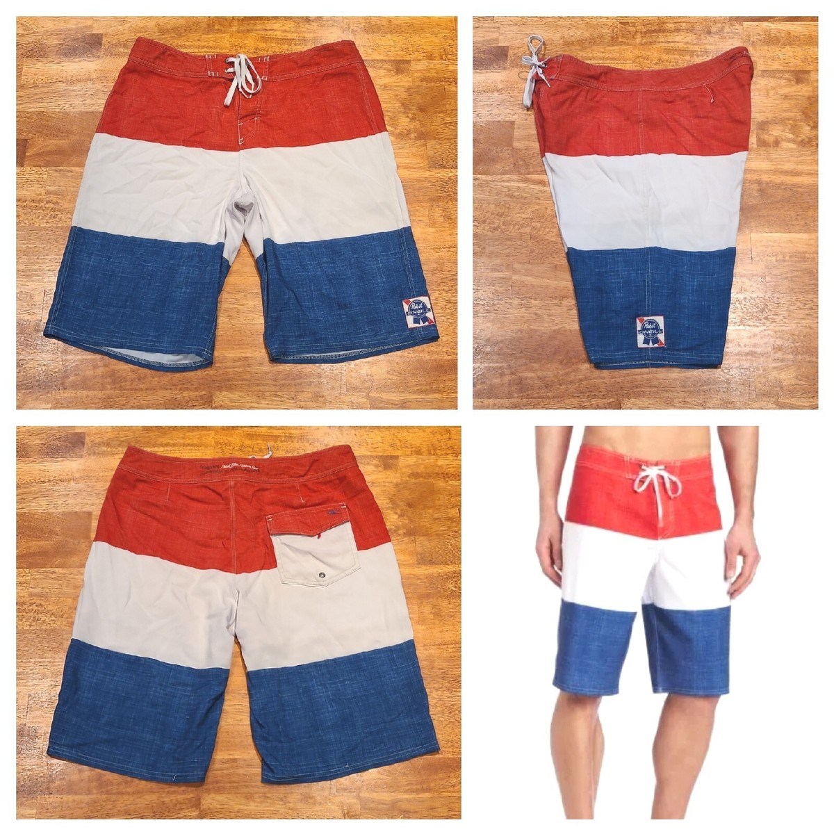 O'Neill x PBR Pabst Blue Ribbon Beer Board Shorts Trunks Mens 32 Red White  Blue