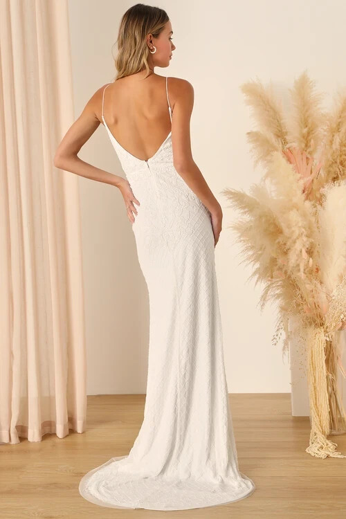 Lulu's Cherished Vow White Beaded Backless Mermaid Maxi Dress, Medium, brand new image 4