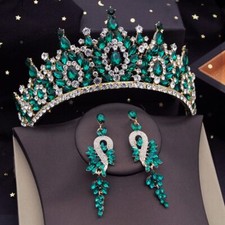 Green Crystal Bridal Wedding Crown With Earrings Evening Tiaras Hair Jewelry