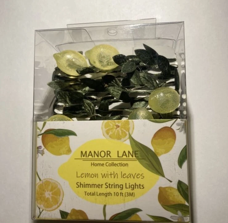 WAS 12.00 Manor Lane Lemons w leaves 10 ft string lights w timer new in box