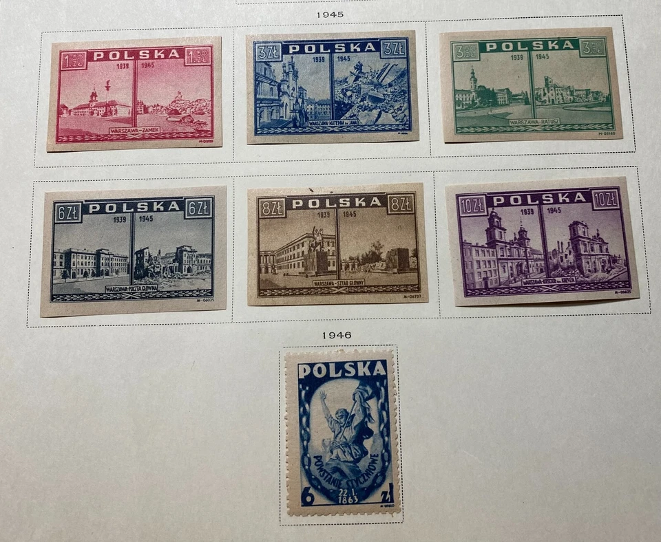 罕见 1944 - 1945 - 1946 年波兰邮票套装完好铰接未使用和 1 张二手。 — 第 3/4 张图片