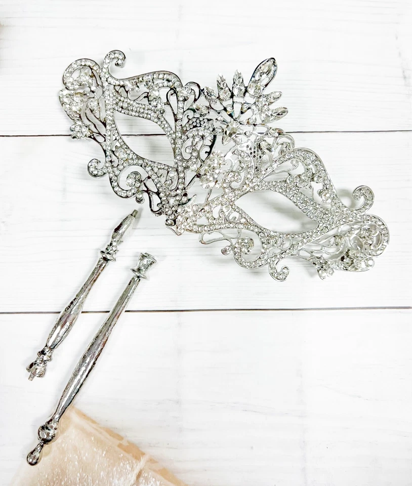 Clear Crystal Masquerade Mask with Stick, Silver Masquerade Mask, Wedding Party - Image 3 of 4