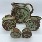 Vtg Frankoma Prairie Green Wagon Wheel Creamer/Sugar, Salt/Pepper, Lg Pitcher94D