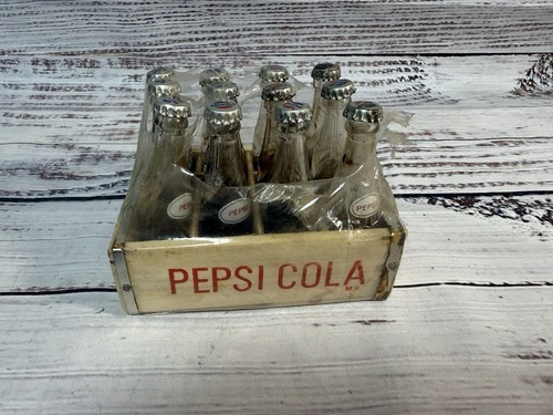 Lot of 12 Vintage Mini Pepsi Cola Glass Bottles w/Wood Laced Criss Cross Crate