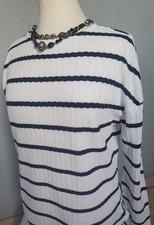 Street One Damen Strickpullover Gr. 38/40 Brust 49 cm Länge 61 cm weiß/blau