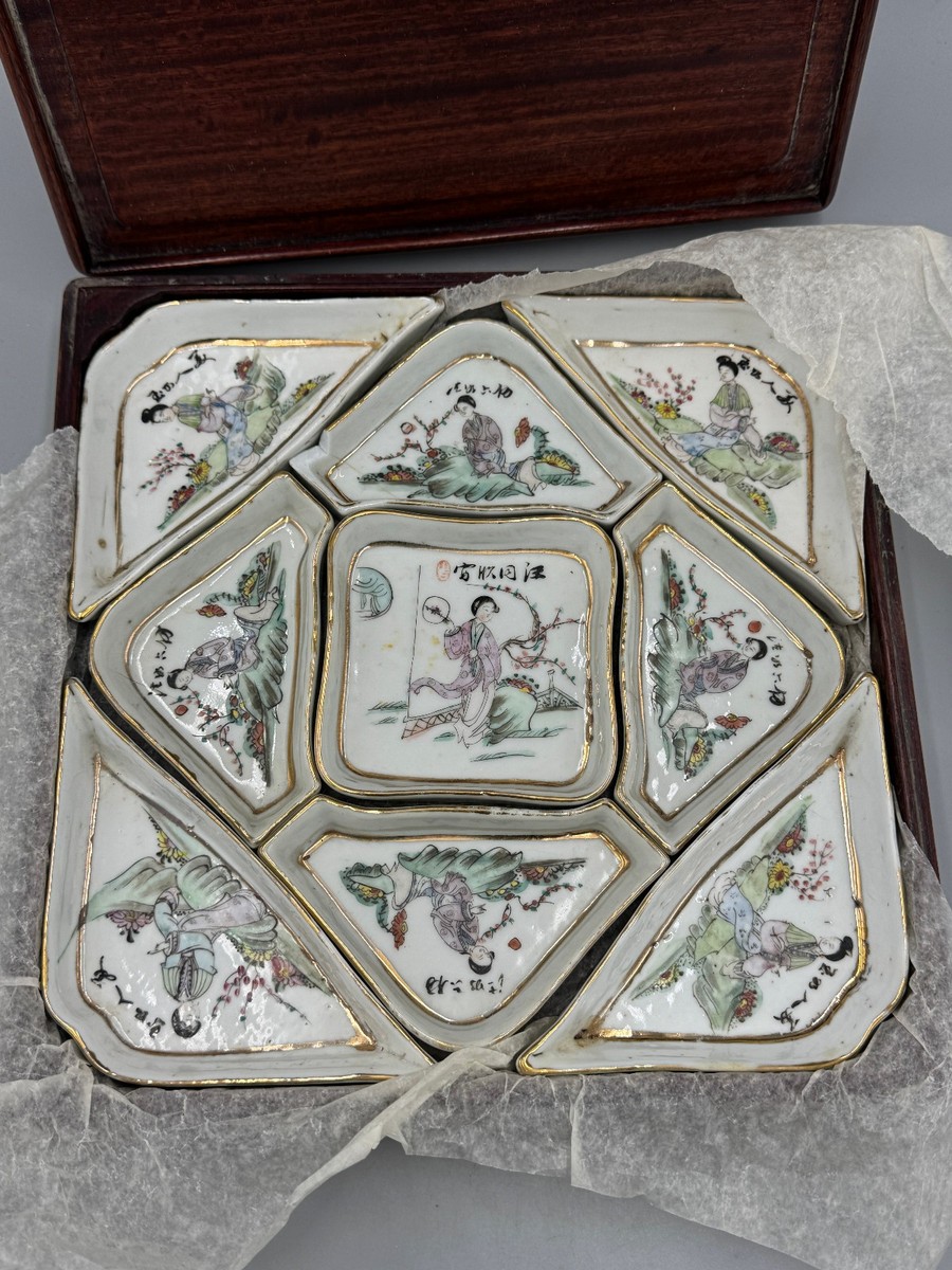 Antique Chinese Famille Rose Figural Sweetmeat Set with Original