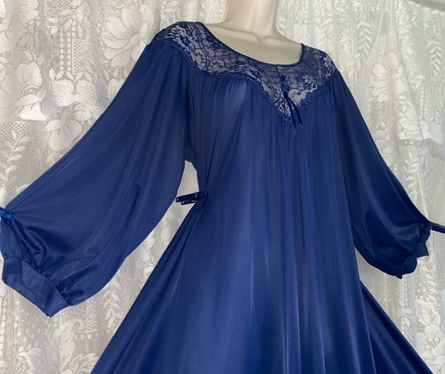VTG M L Miss Elaine Navy Blue Long Sleeve BUTTER SOFT Nylon Nightgown w Lace - Picture 6 of 11