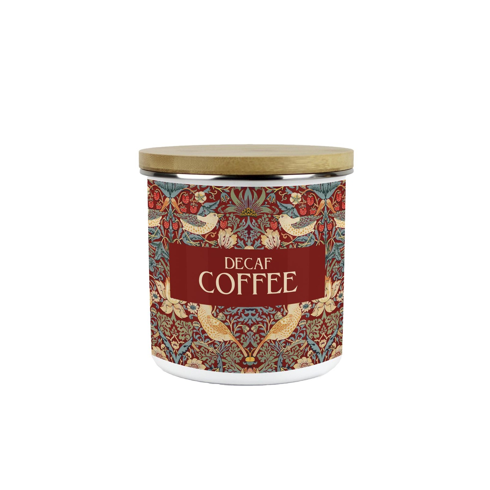 Red Strawberry Thief Decaf Coffee Canister - Medium Enamel & Bamboo Container