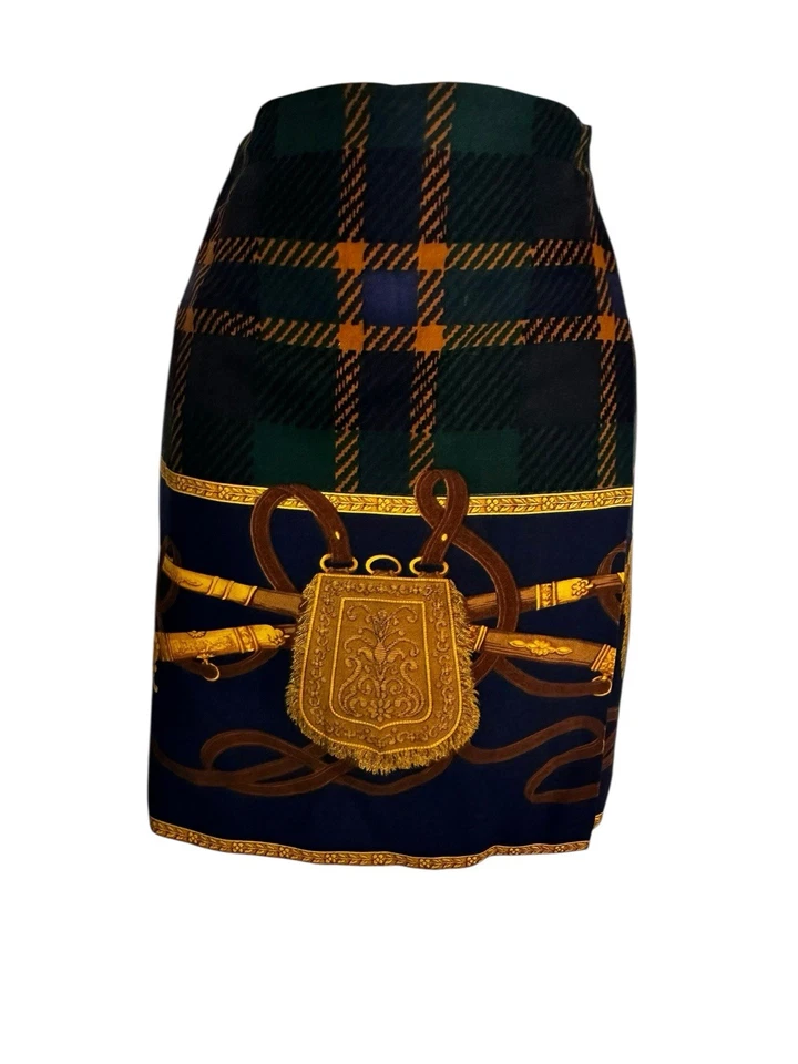 Falda de Colección Envoltura de Lana a Cuadros Estampado Ecuestre Bridas Correas Dorado Azul Marino Verde 8 Foto 3 de 4