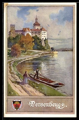 Postcard Persenbeug, shore section with castle & rowers, German school club 