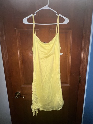 Yellow Ruched Strappy Sleeveless Short Tank Dress Scoop Neck XL - Picture 1 of 4