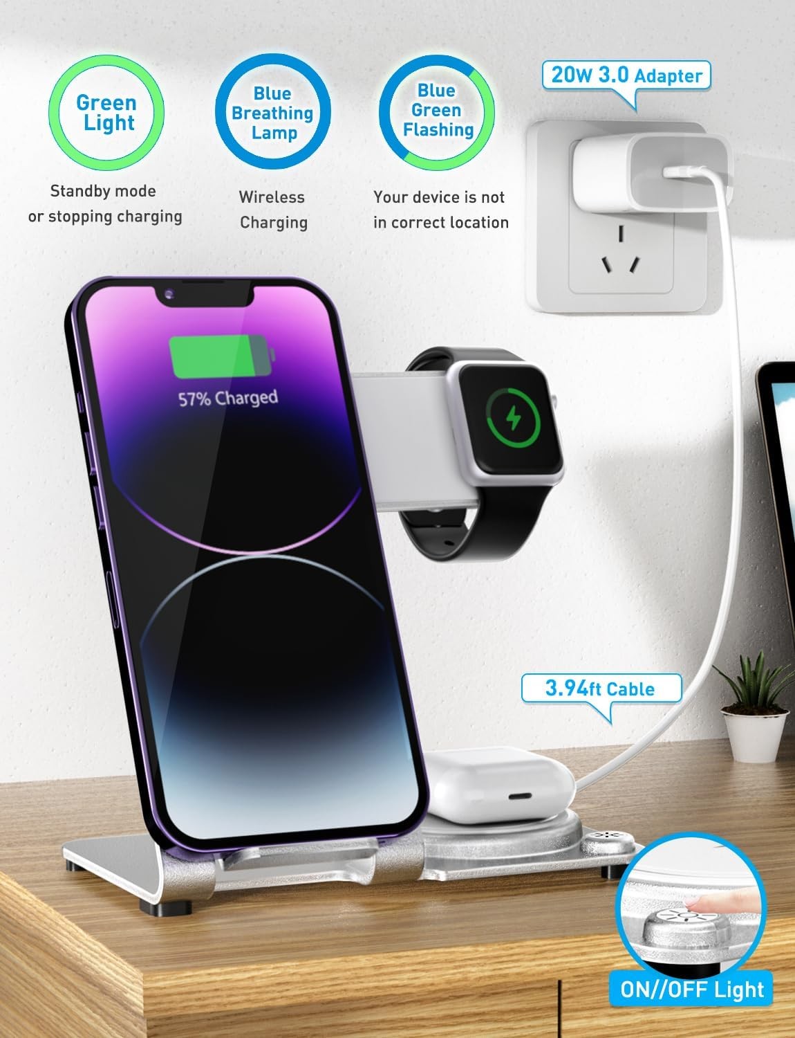 3 in 1 Charging Station for Multiple Devices Apple - Aluminum Alloy Fast 