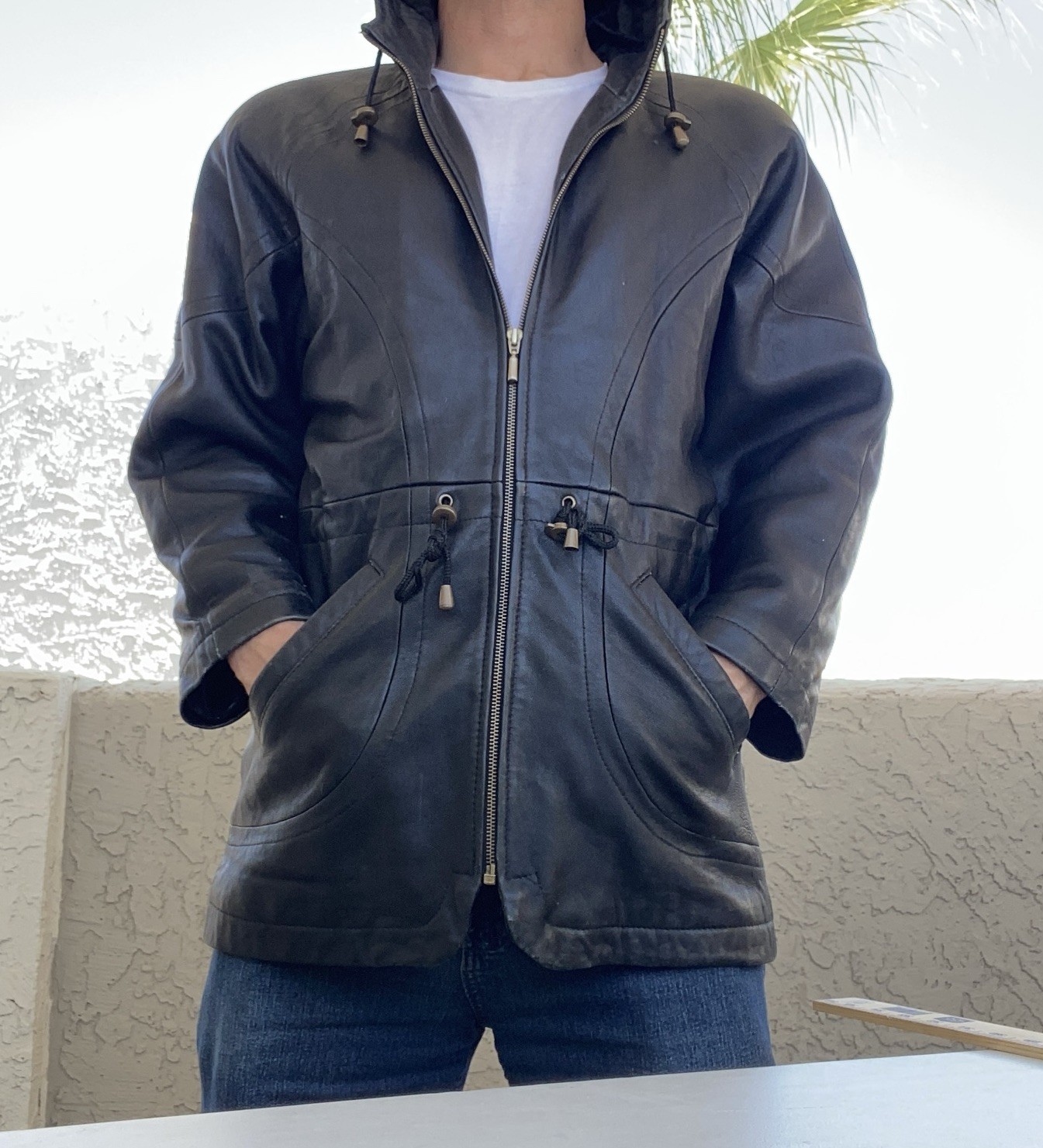 Vintage Y2K Black Leather Hooded Utility Jacket Cinch Waist Minimalist Womens XS image 4