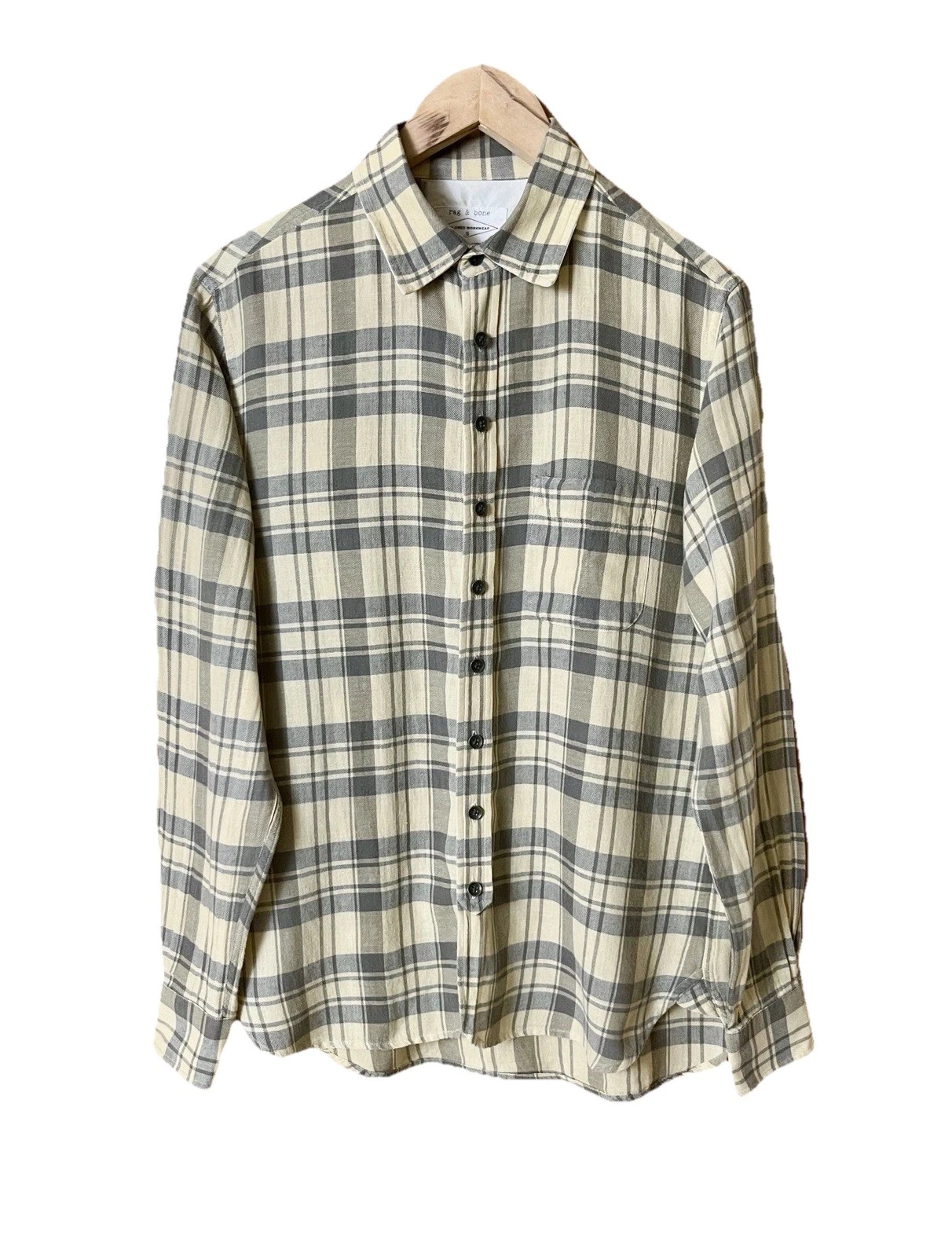 RAG & BONE Shirt Mens Small S Yellow Gray Plaid Linen Ramie Cotton Button Up