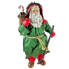 Clothtique Hiking Santa with Walking Stick Filled Toy Sack Green Coat 1990s
