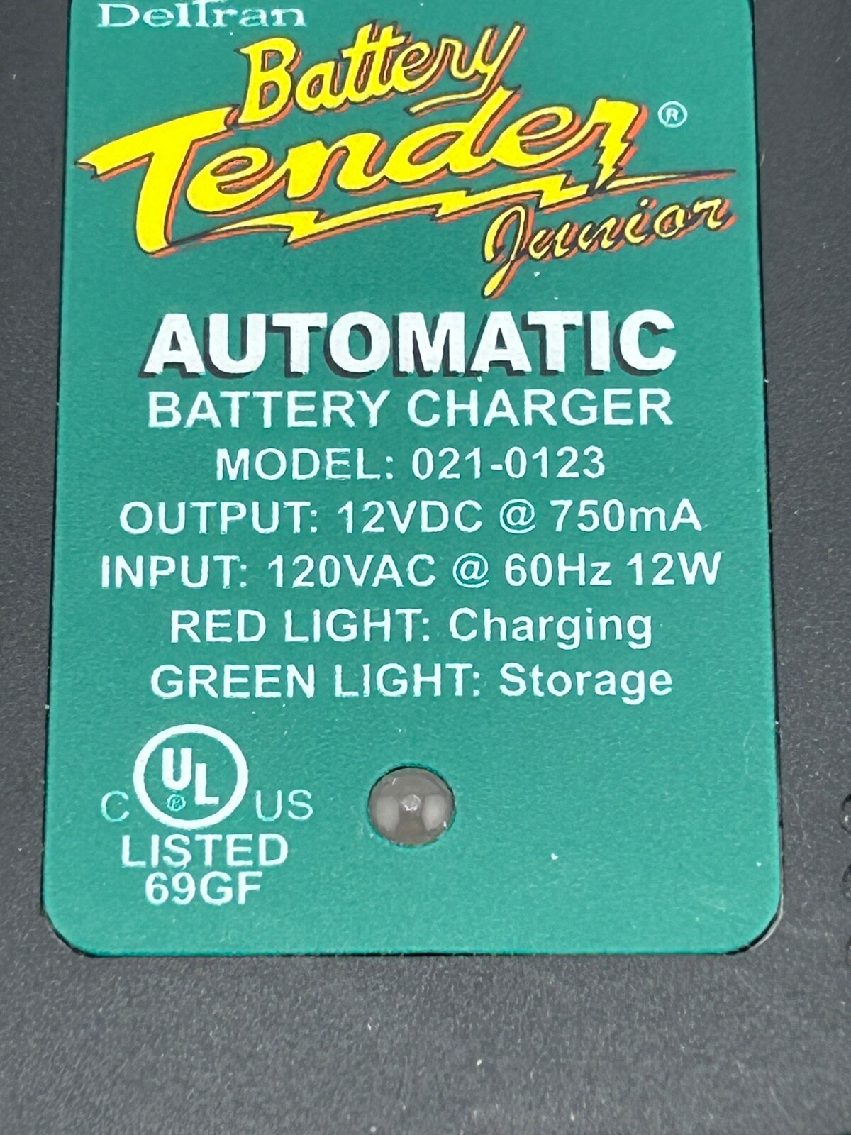DelTran Battery Tender Jr Model 021-0123 Output 12VDC @ 750mA  Imput 120VAC  12W