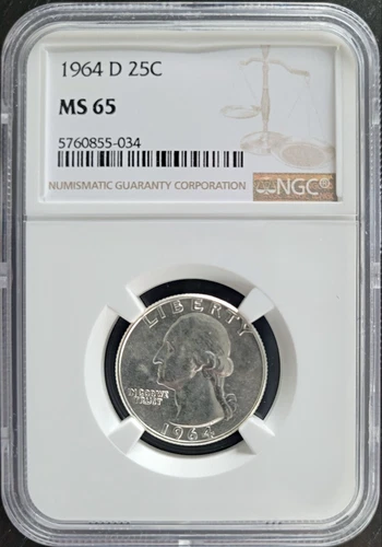 1964-D Silver Washington 25c Quarter NGC MS 65 Mint State BU Gem Uncirculated