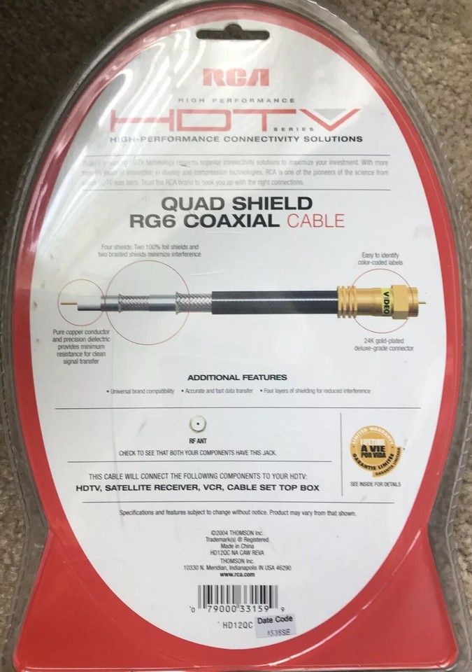 RCA High performance HDTV quad shield RG6 coaxial cable 12’ new In Box