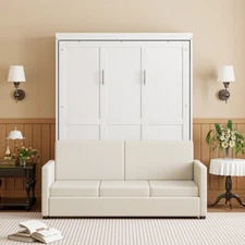 Murphy Bed Modern Bed Frame Full Size Murphy Bed Wall Bed with Cushion White