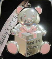 2018 DATED BABY'S 1ST CHRISTMAS SILVER ORNAMENT GIRL PINK EUROPEAN CRYSTALS NIB