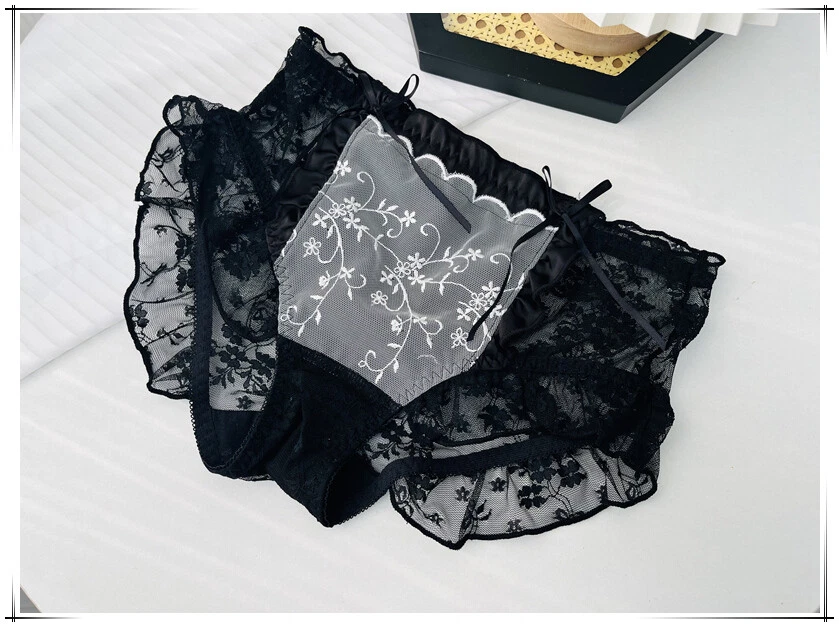3件装刺绣大码蕾丝蝴蝶结中腰女孩内衣内裤 — 第 3/4 张图片