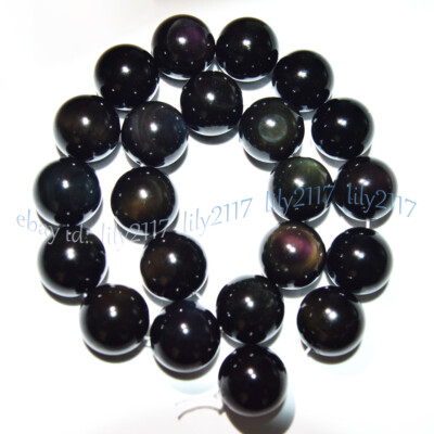18/20mm Huge Natural Black Rainbow Eye Obsidian Round Gemstone Loose Beads 15''