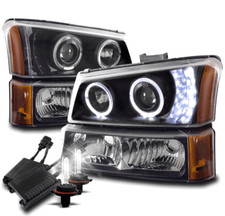 For 03-06 Chevy Silverado Halo Led Black Projector Headlight Wbumper50w 8k Hid