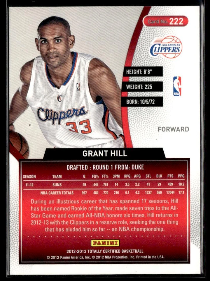 2012-13 Panini Totally Certified Grant Hill Totally Blue #/299 HS - Image 2 of 2