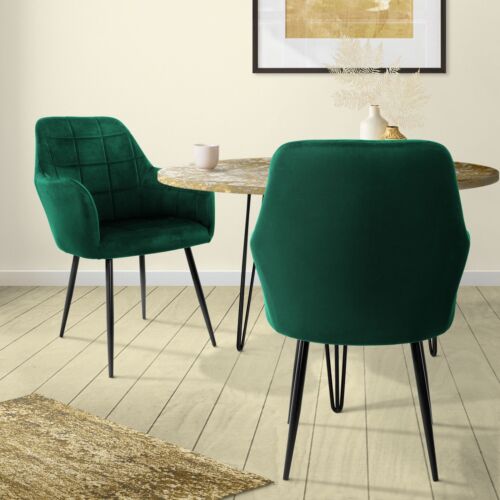 Chaise de salle à manger vert foncé effet velours pieds en métal noir set de 2 - Photo 1/7