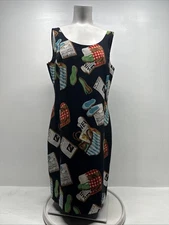 Nordstrom Silk Dress Shift Sleeveless A-Line Midi Picnic Newspaper Black Size 10