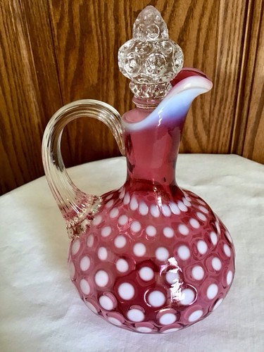 VINTAGE FENTON ART GLASS CRANBERRY OPALESCENT POLKA DOT CRUET WITH STOPPER B1