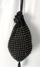 Art Deco Black Beaded Crochet Tiered Fringe Ball Tassel Flapper Purse