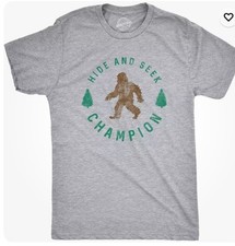 Mens Hide And Seek Champion T shirt Funny Bigfoot Tee Humor Graphic Print Large