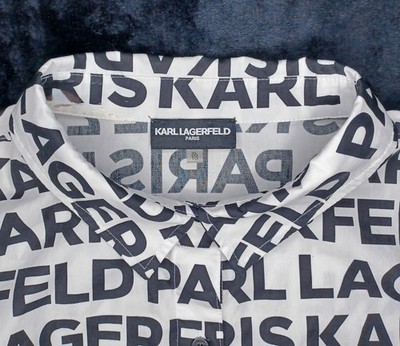 Karl Lagerfeld Paris Women s All Over Logo Print Button Down Top, Women s SZ XL