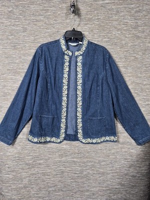 ORVIS Chambray Indigo Blue Floral Embroidered Trim Nordic Folkloric Zip Jacket L
