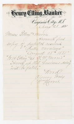 1881 Henry Elling Banker Virginia City Montana Territory Handwritten Letter