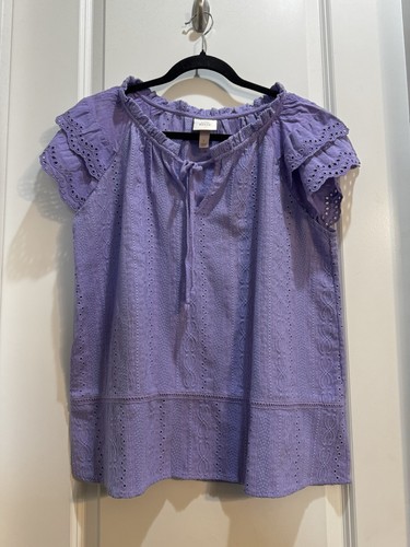 Knox Rose Lavender Top Large Eyelet Cap Sleeves Front Tie Armpit To Armpit 22” - Picture 4 of 6