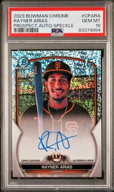 RAYNER ARIAS 2023 Bowman Chrome 1st SPECKLE REFRACTOR Auto PSA 10 Gem SP /299