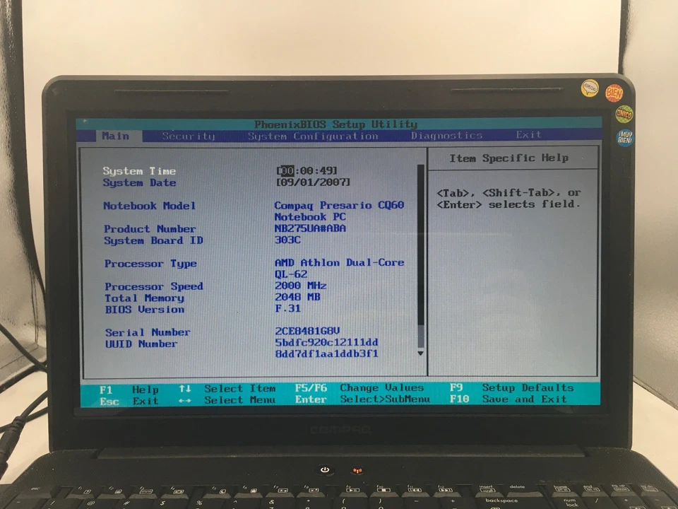 HP COMPAQ PRESARIO CQ60 -BOOTS TO BIOS- AMD ATHLON DUAL CORE - 2GB RAM -READ- BB - Image 2 of 4