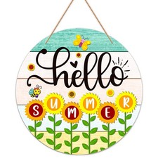 Hello Summer Door Sign - 11.5" Farmhouse Sunflower Hanging Sign for Front Doo...