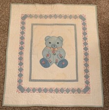 Handmade Pieced  Quilted Baby Crib Blanket Vintage Cotton 34  x 33  Teddy Bear