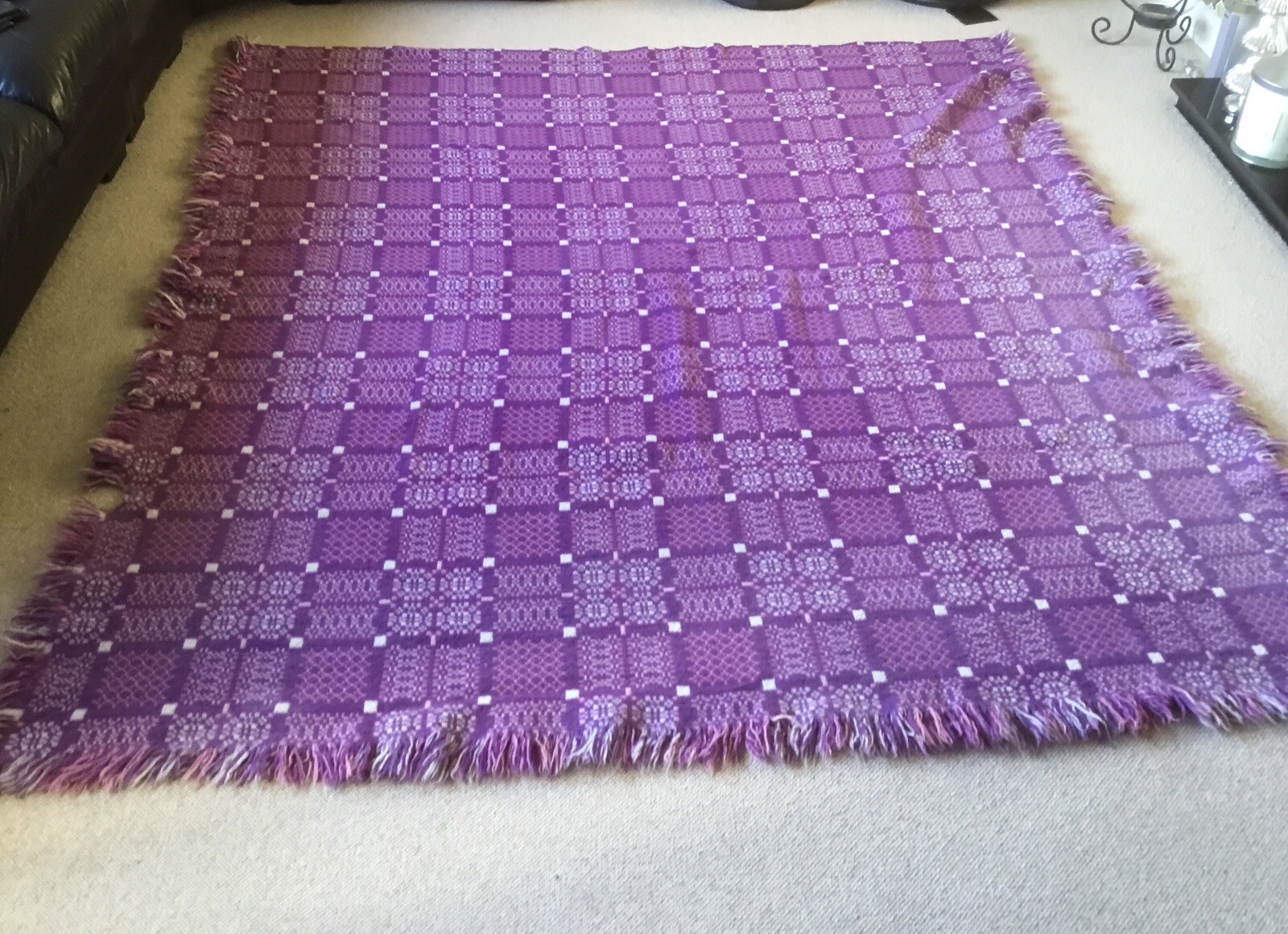 Vintage Welsh Pure Wool Tapestry Blanket in Purple, 215cmx 198cm