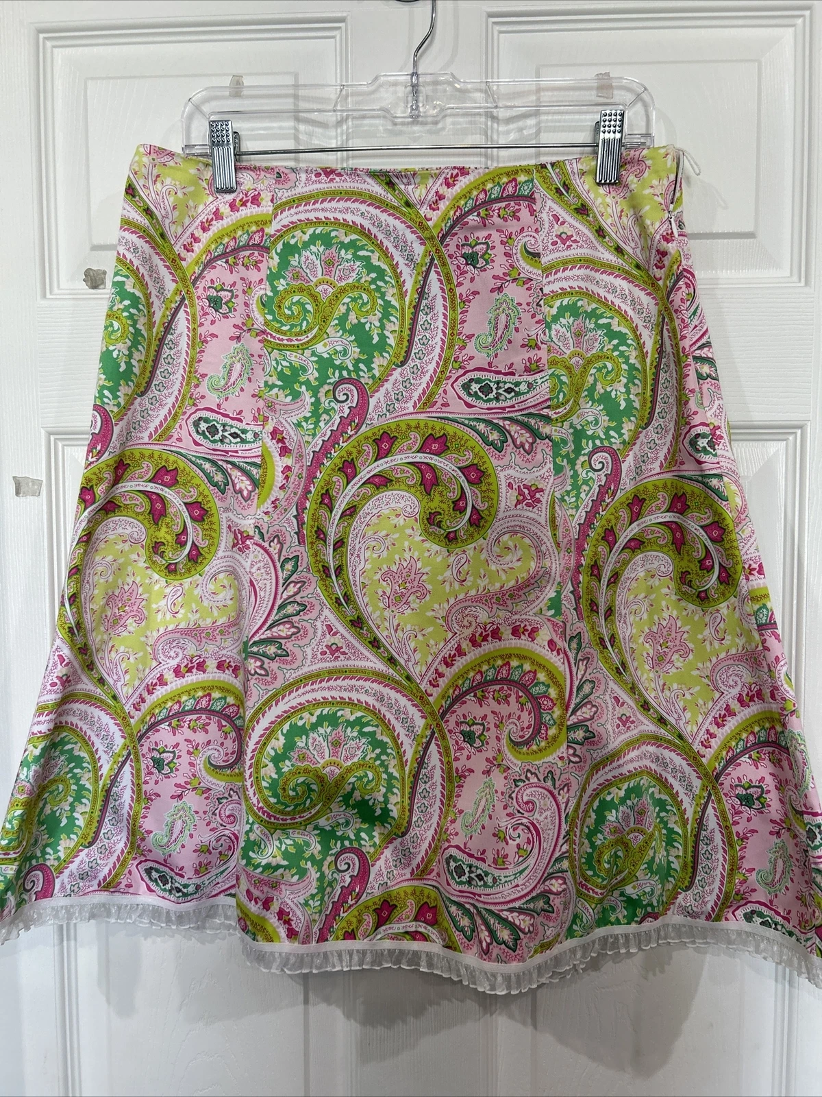 MDL Pink & Green Preppy Paisley Worth Ave. Fit & Flare Stretch Cotton Skirt 10