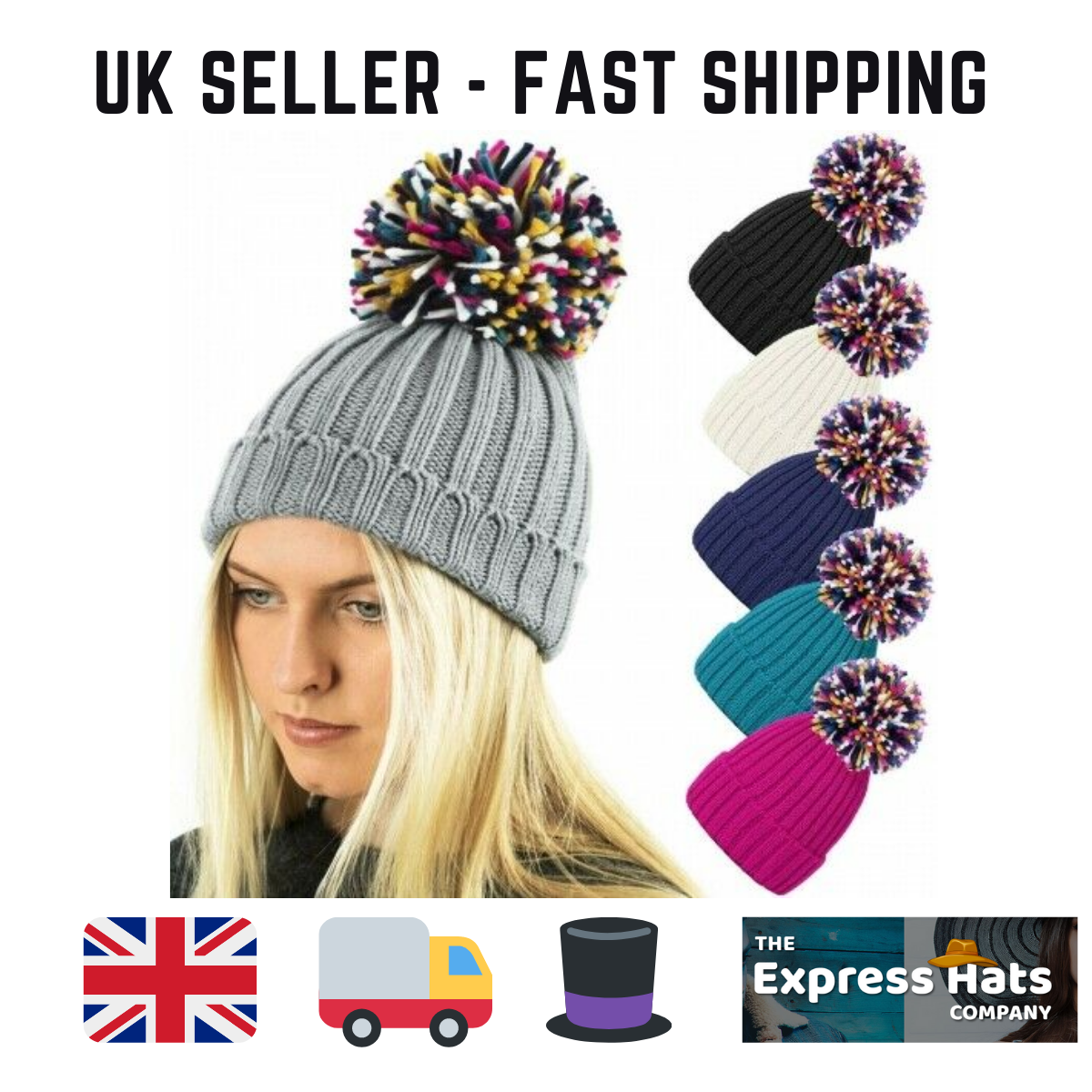 Ladies/Girls Knitted Ski bobble Hat with large Rainbow Pom Pom