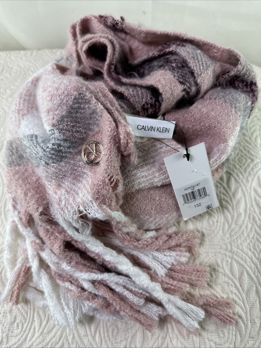 Calvin Klein Knitted Pink, Gray, Burgundy, White Scarf With Fringe
