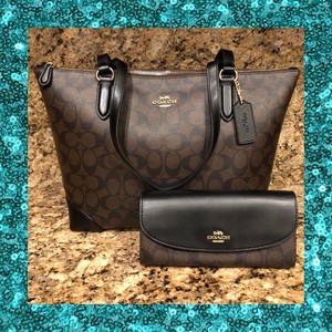 COACH-Signature-Zip-Top-Tote-Bag-Purse-and-Slim-Envelope-Wallet-Set-BLACK-BROWN